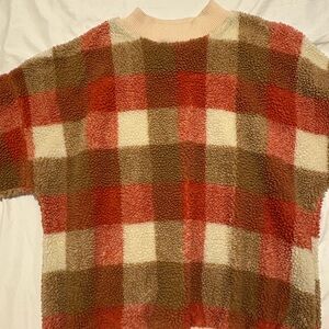 Simplee Apparel Plaid Fleece Sweater - Red, Cream, Brown